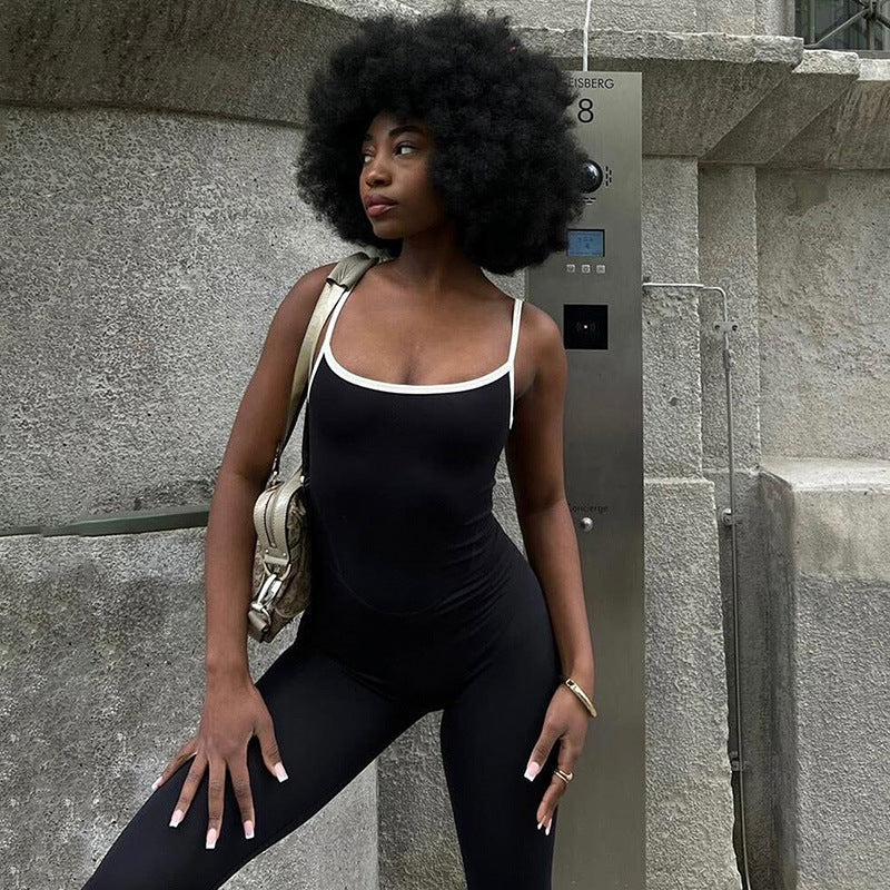 Mono deportivo de una pieza para mujer, con tirantes ajustables y borde en contraste, ajustado, sexy, para yoga