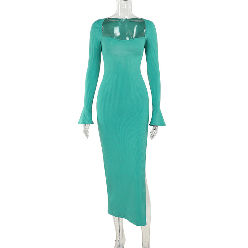 Vestido largo sexy de otoño, elegante, ajustado, con cordones y manga larga para mujer