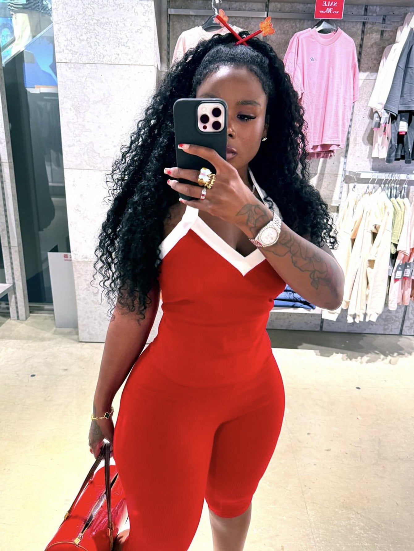 Summer Stretch Contrast Color Halterneck Vest Top Tight Mid Length Blouse Pants Women
