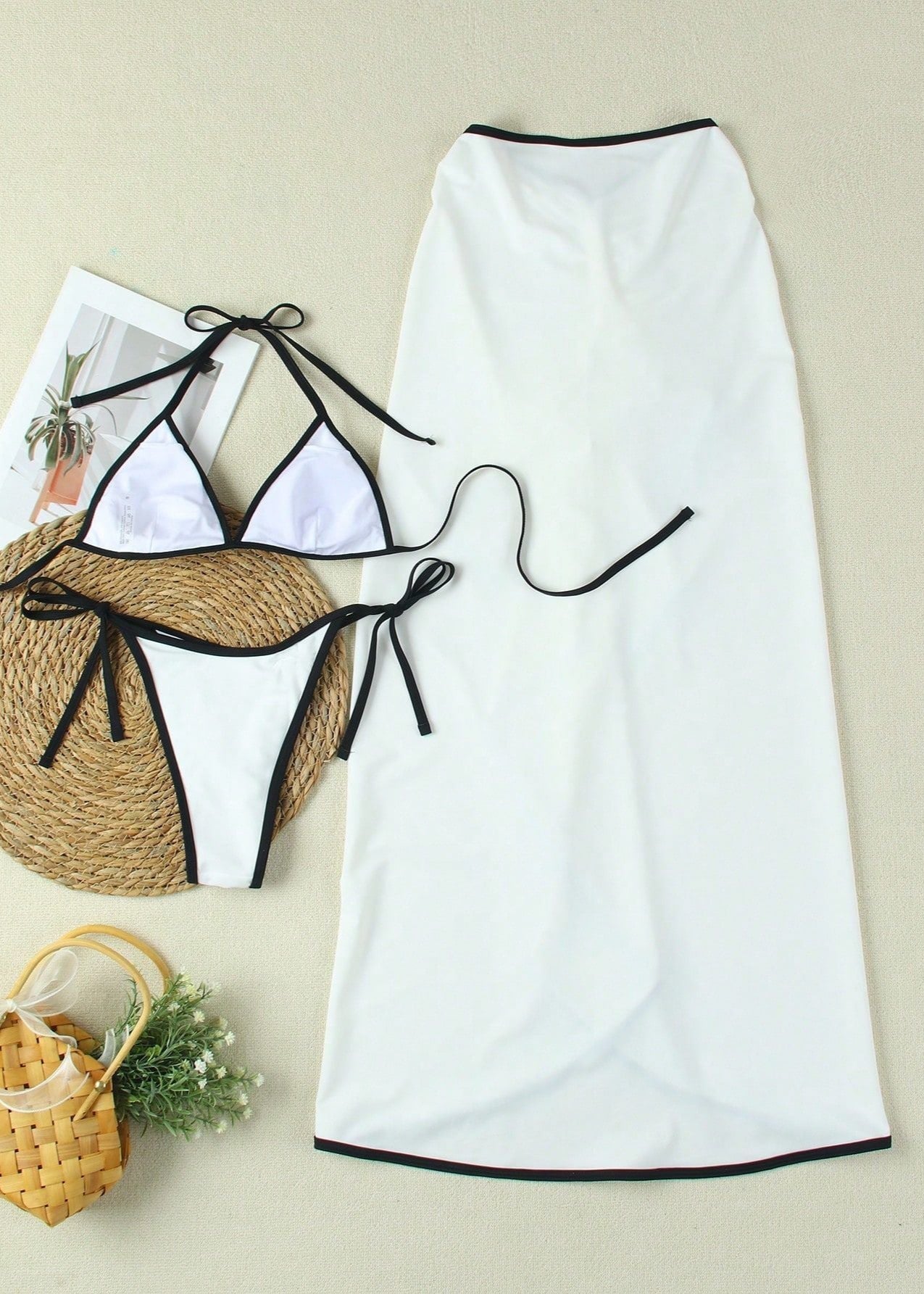 Tivara - Three-Piece Contrast Trim Bikini & Maxi Skirt Set