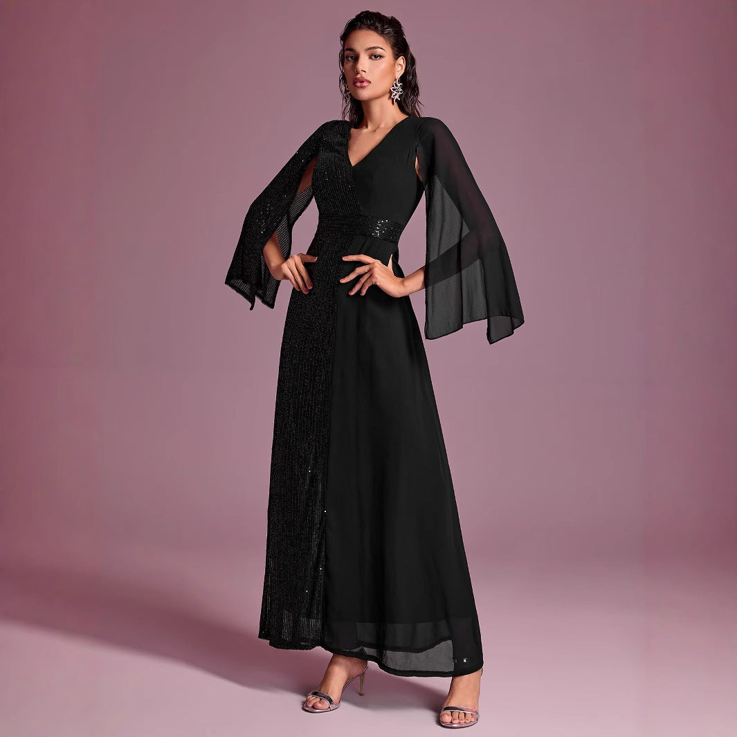 Vestido de noche de fiesta para mujer, con lentejuelas, escote en V, abertura y manga larga