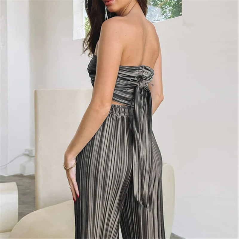 Traje sexy plisado de primavera y verano para mujer, chaleco ajustable sin mangas, pantalones casuales, conjunto de dos piezas para mujer