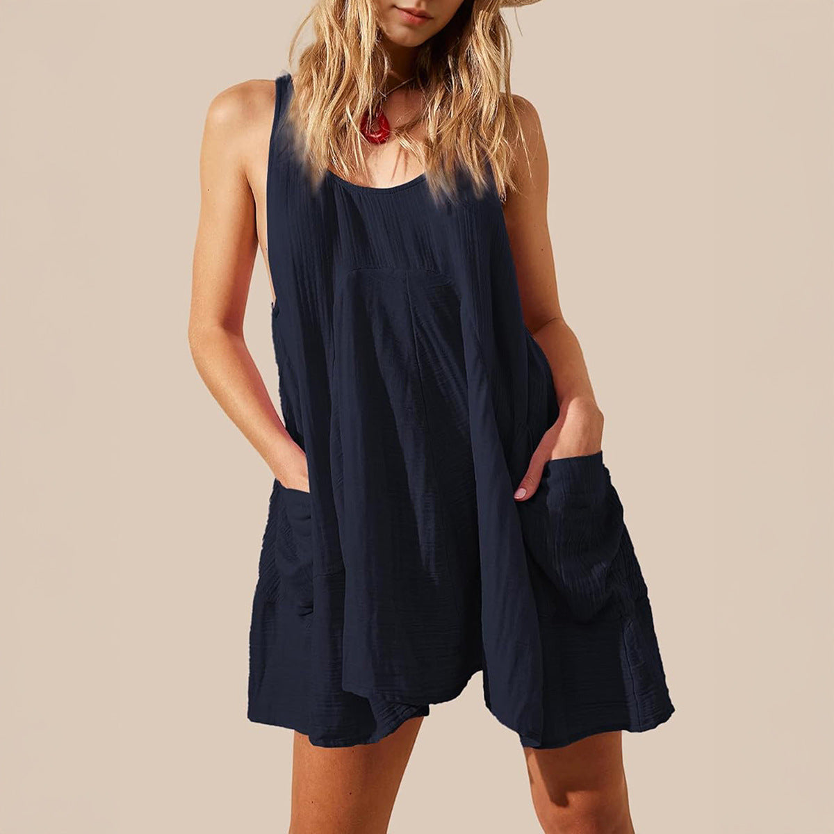 Spring Summer Casual Vacation Solid Color Patchwork Pocket Vest Dress Women Clothing