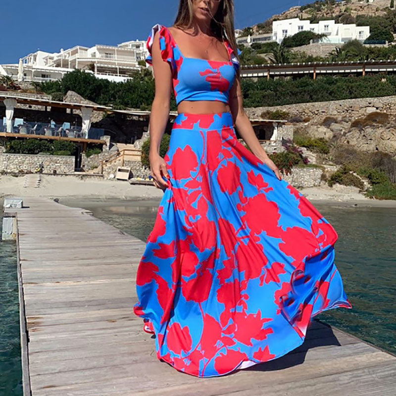 Conjunto de dos piezas de vestido sin mangas con estampado bohemio sexy para mujer de verano