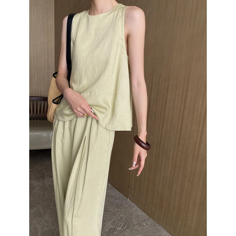 Traje informal de dos piezas con pantalones anchos y chaleco de lino de tencel de tacto holgado de verano
