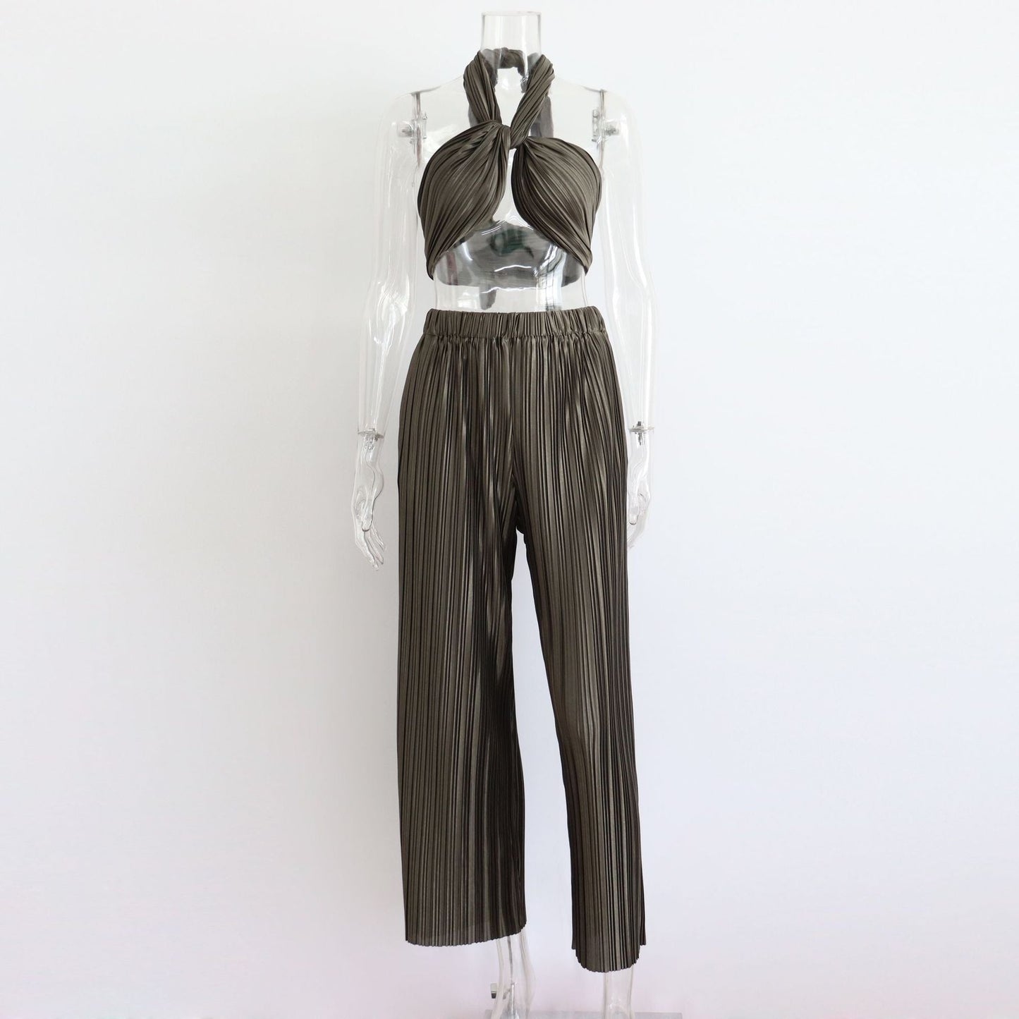 Traje sexy plisado de primavera y verano para mujer, chaleco ajustable sin mangas, pantalones casuales, conjunto de dos piezas para mujer