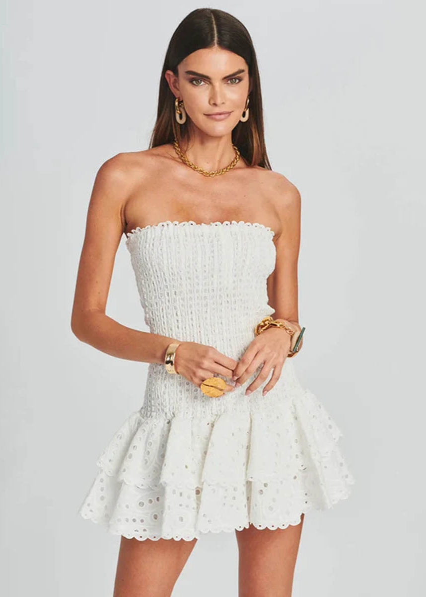Zaria Strapless Ruffle Mini Dress – Smocked Yellow Eyelet
