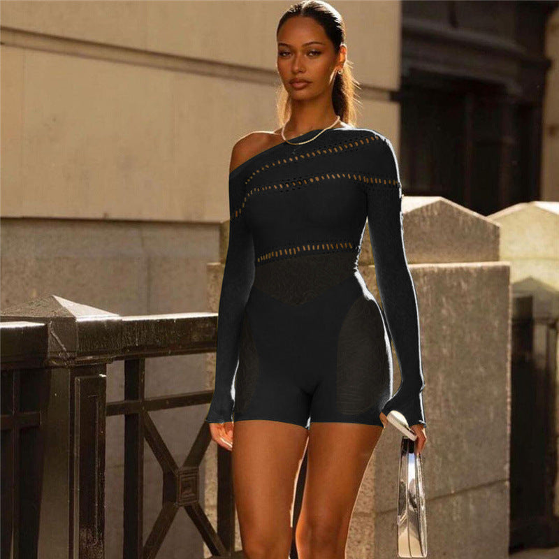 Ropa de mujer Otoño Invierno Ropa de mujer Hombro Jacquard Manga larga Ropa de rejilla Mono ajustado