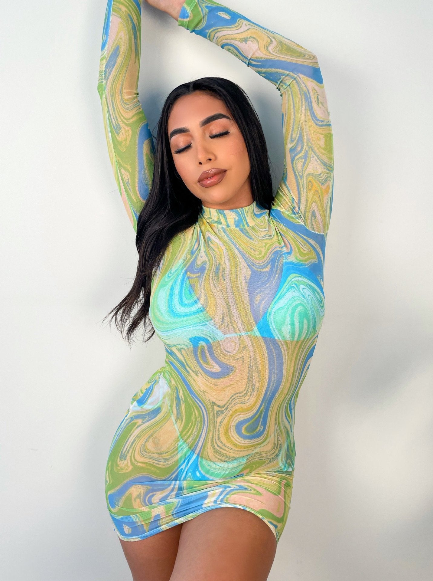 Vestido de manga larga de malla transparente con estampado floral de otoño, vestido ajustado y sexy de manga larga