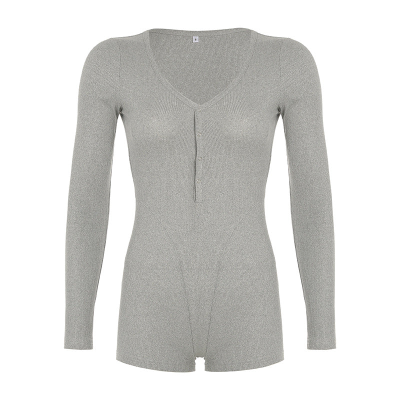 Mono deportivo de manga larga para mujer, ropa de otoño e invierno, color liso, con botones y escote en V profundo