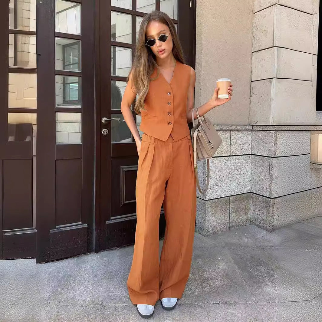Conjunto de dos piezas formado por chaleco y pantalón informal, para primavera y verano, sin mangas, para mujer