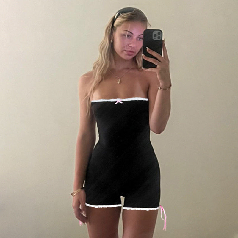Mono corto de tubo sexy con costuras de encaje y lazo de verano sencillo para niña