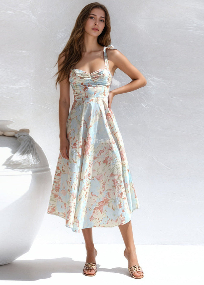 Aquarelle Dress – Soft Blue Floral Tie-Shoulder Midi