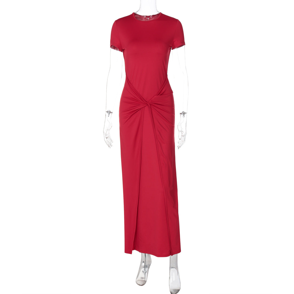 Vestido de verano ajustado con pliegues y cuello redondo y manga corta para mujer