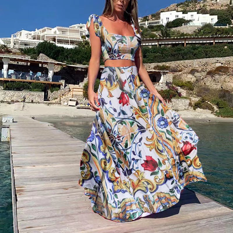 Conjunto de dos piezas de vestido sin mangas con estampado bohemio sexy para mujer de verano