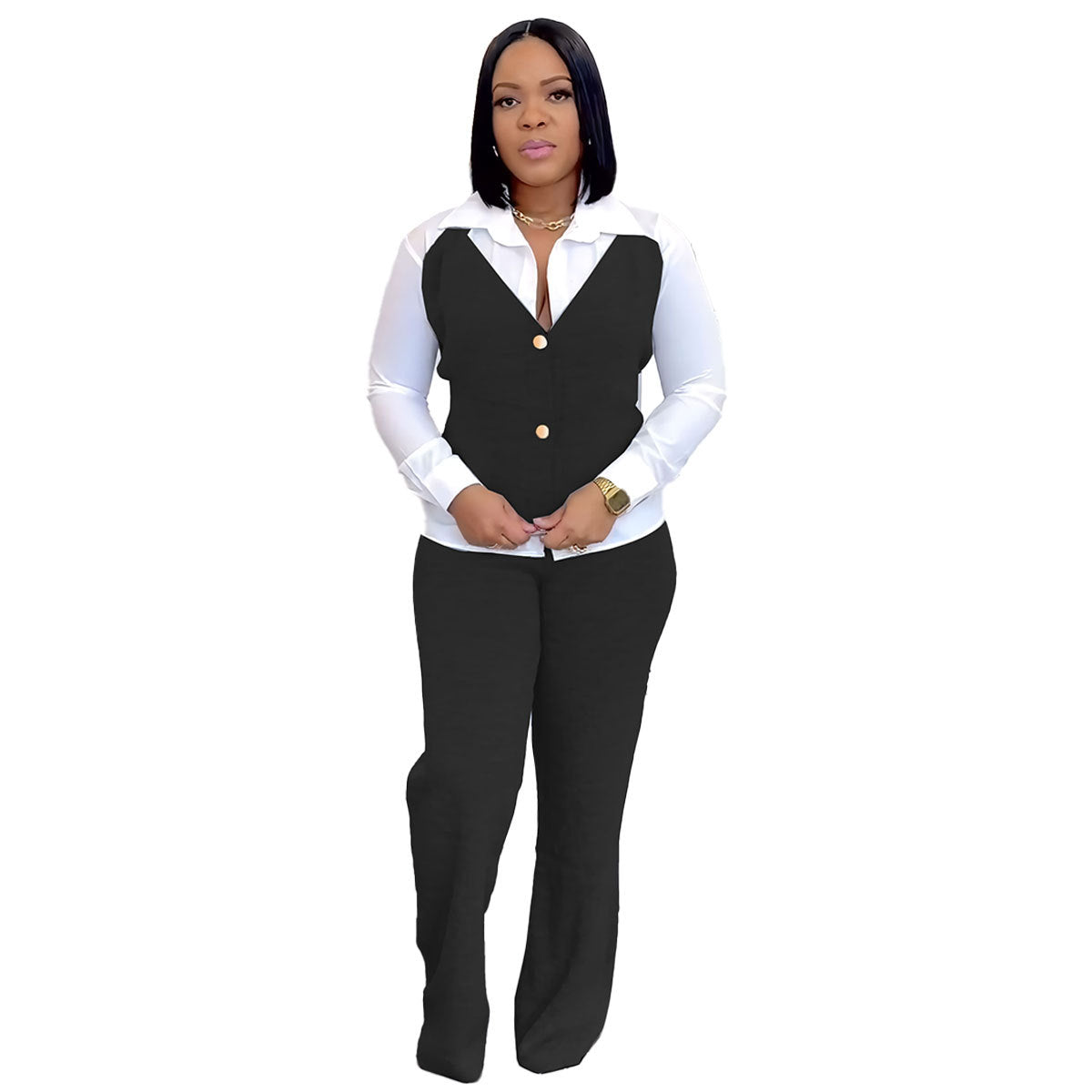 Faux Two Pieces Shirts Vest Stitching Sweater Pants Two Piece Set
