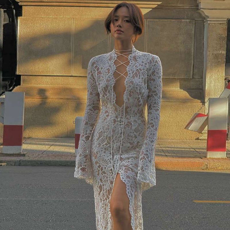 Vestido de otoño-invierno para mujer, sexy, de encaje, con escote en V profundo, abertura con cordones, ajustado, de manga larga