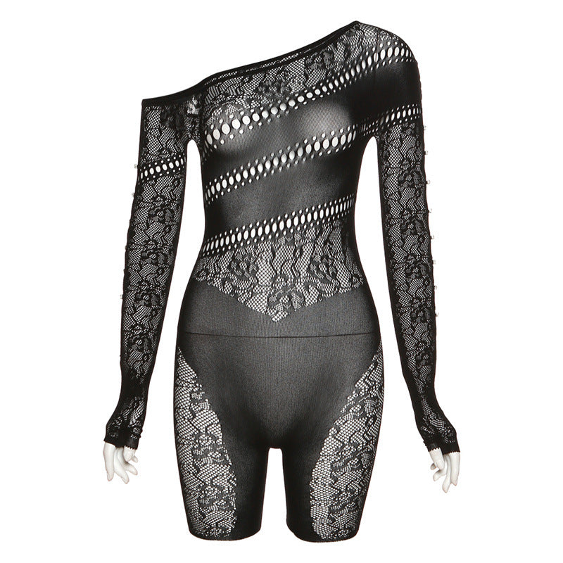 Ropa de mujer Otoño Invierno Ropa de mujer Hombro Jacquard Manga larga Ropa de rejilla Mono ajustado