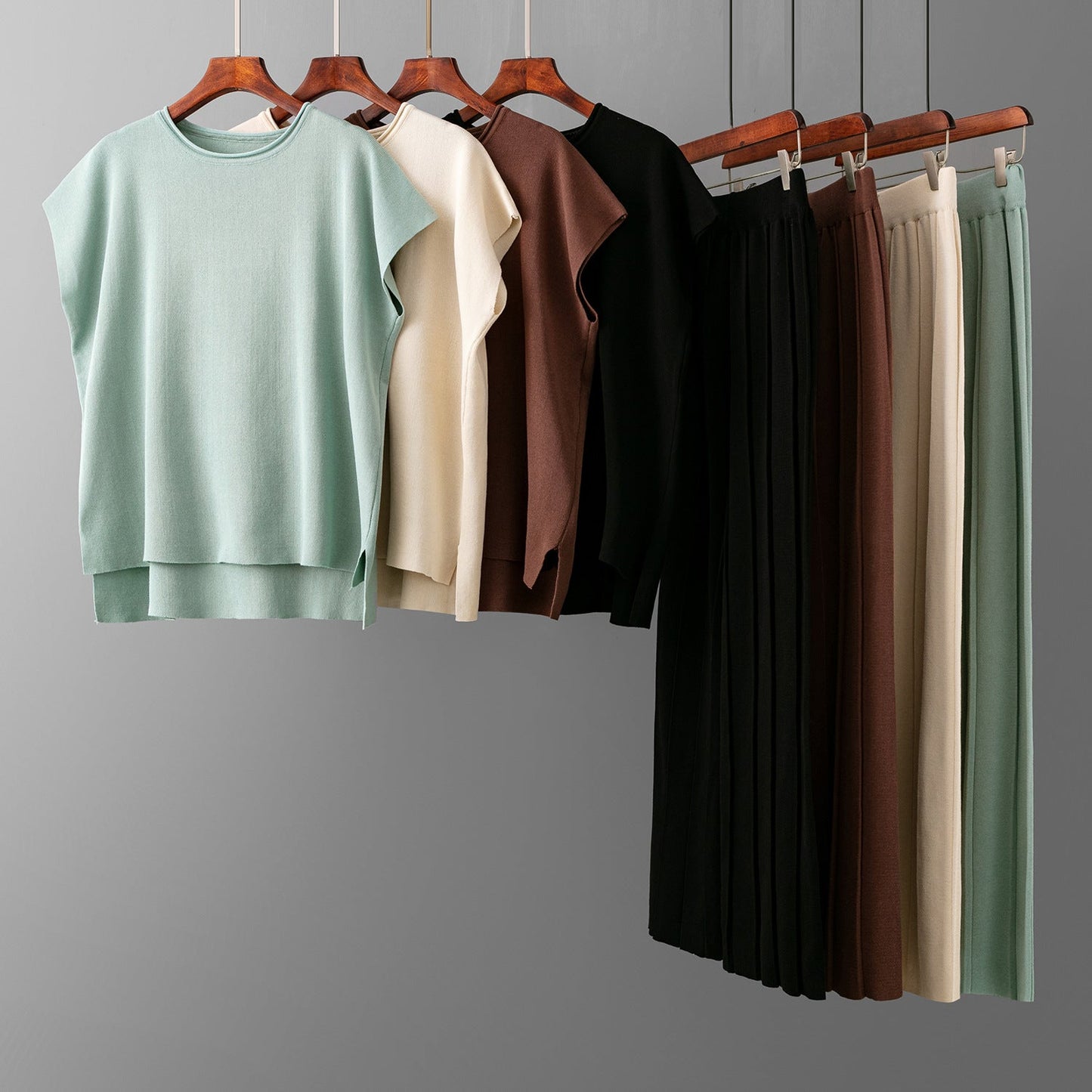 Casual Women Summer Solid Color Sleeveless Vest Sweater Wide Leg Pants Ice Silk Sets