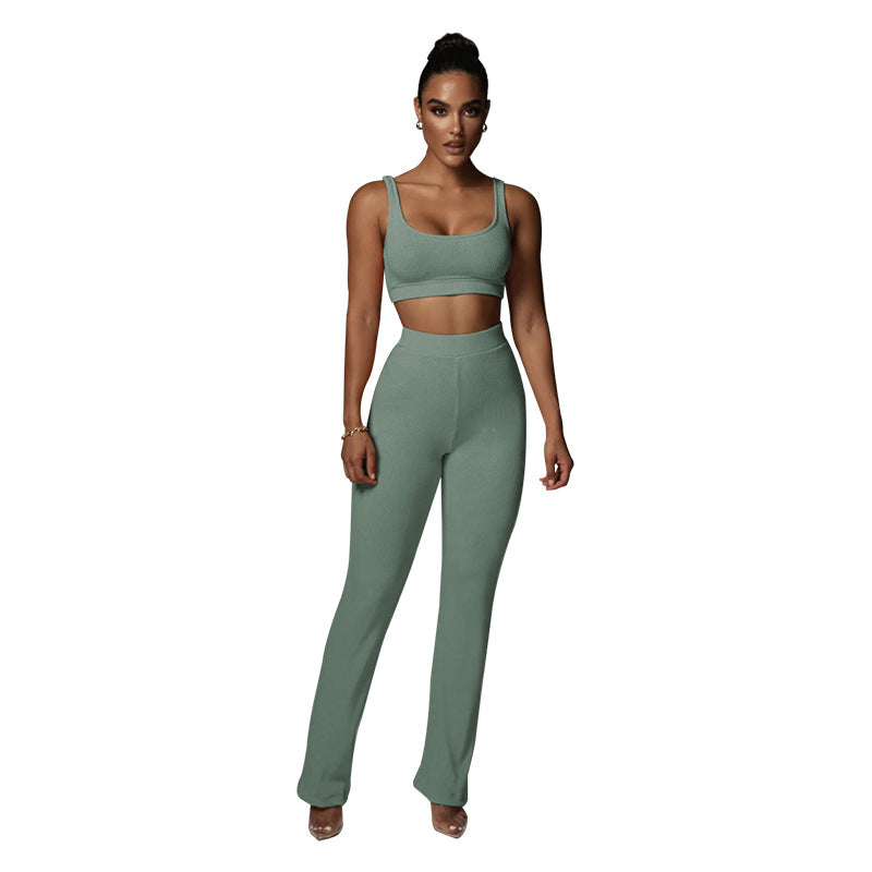 Pantalones de yoga ajustados, rectos, rectos y a la cadera, color liso, sin mangas, conjunto casual