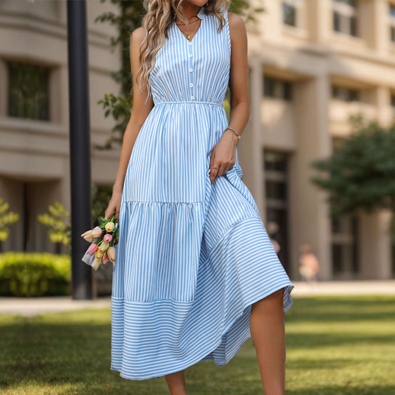 Vestido largo de verano para mujer, sin mangas, con rayas verticales