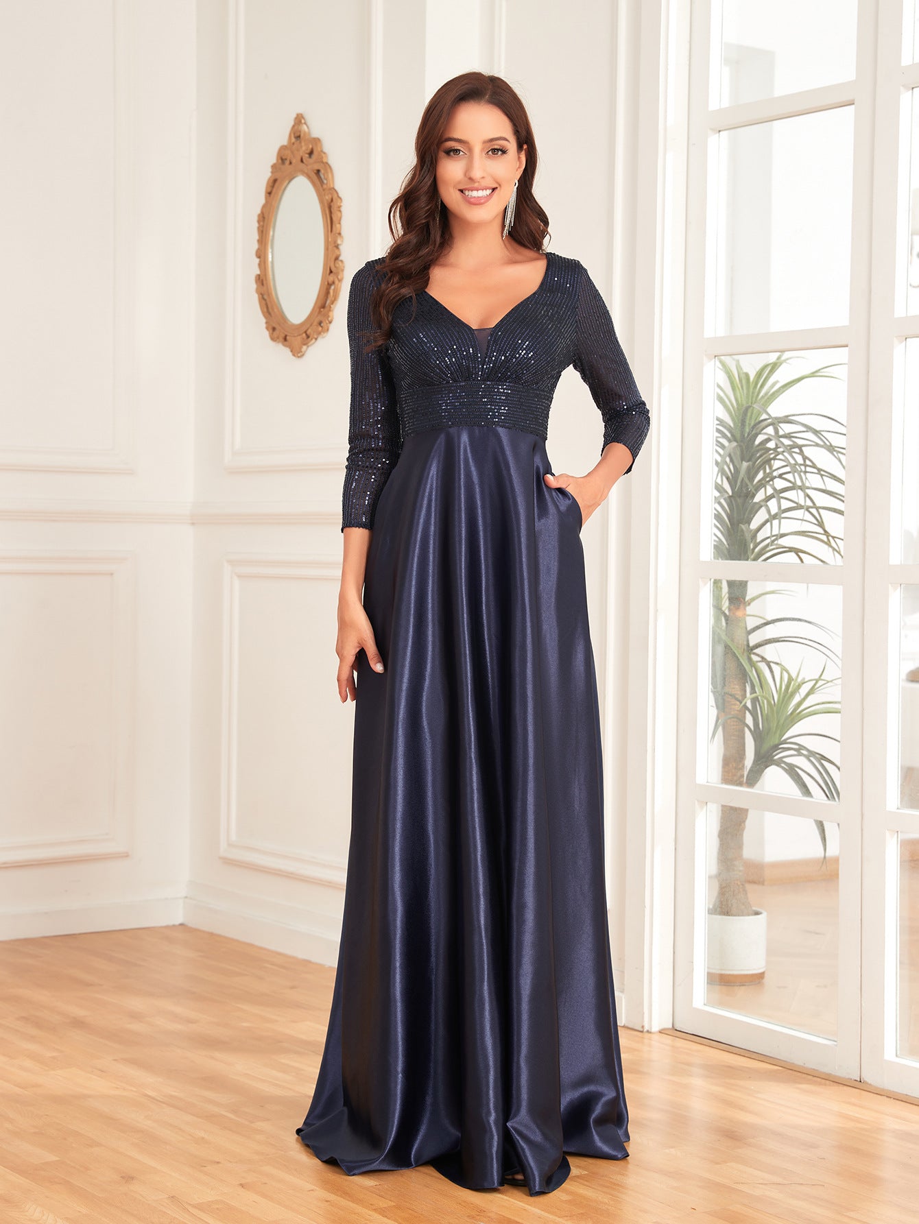 Vestido de satén con escote en V y mangas largas, color azul, con lentejuelas, corte en A, para dama de honor, cóctel y noche.