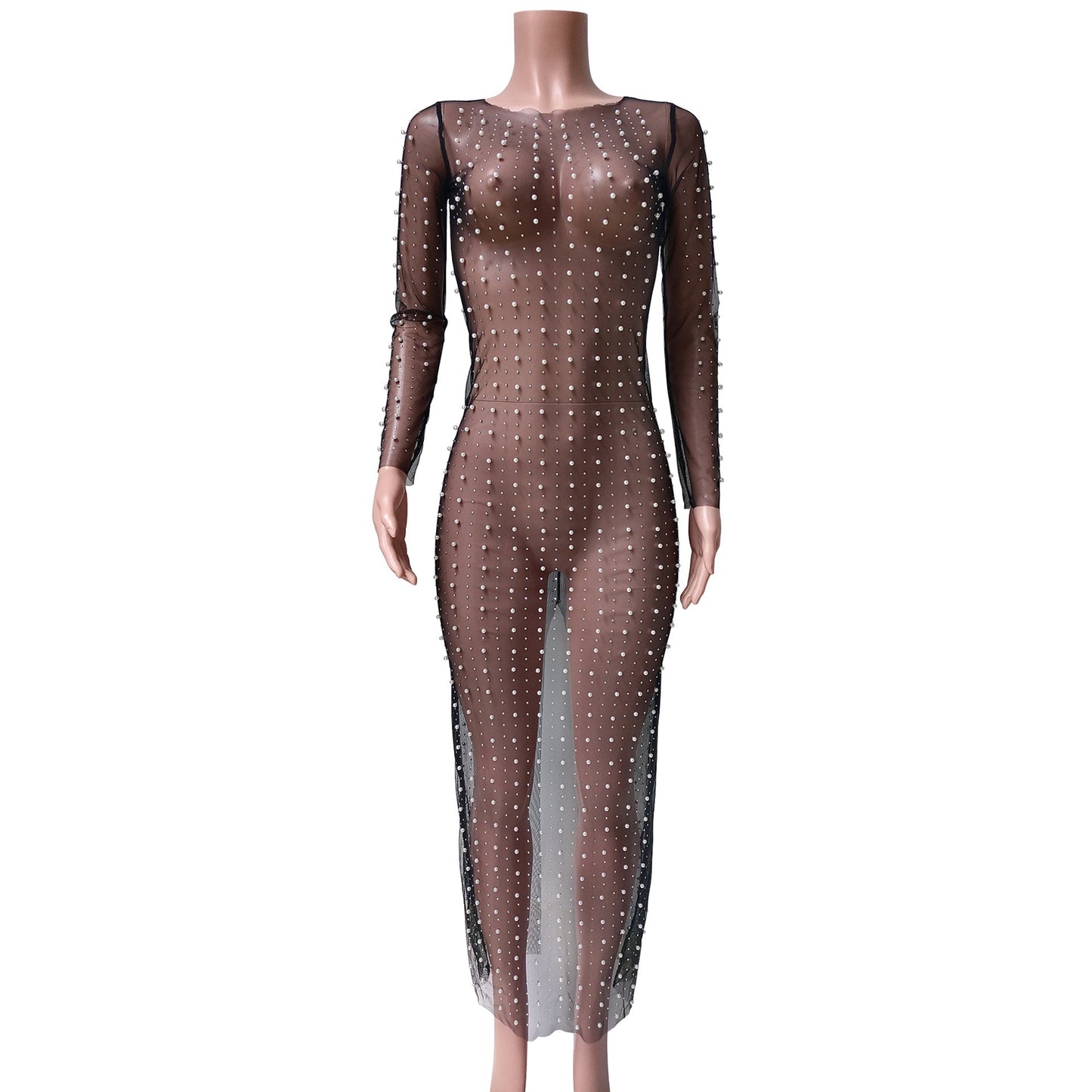 Vestido playero sexy de malla con mangas largas y efecto burbuja de diamante transparente