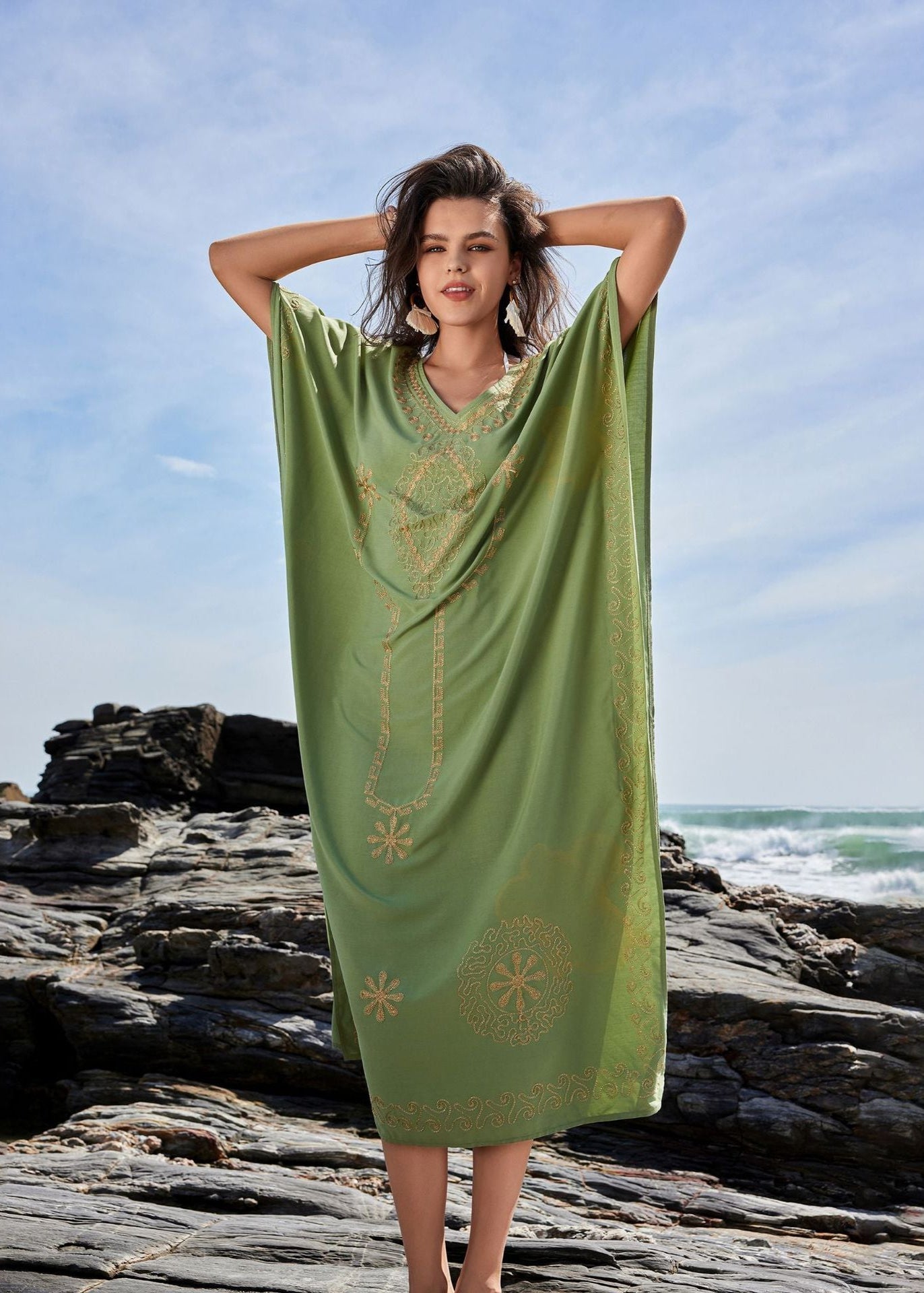 Oasis Serenity - EmbroideRed Caftan Maxi Dress