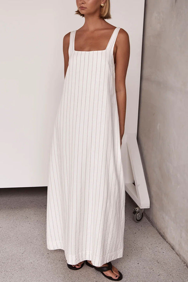 Spring Summer Square Collar Striped Minimalist Basic Sleeveless Dress for Women