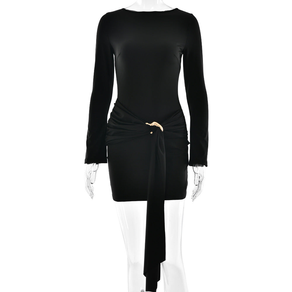 Vestido ajustado de manga larga con cuello redondo y falda a la cadera para mujer, elegante y sexy