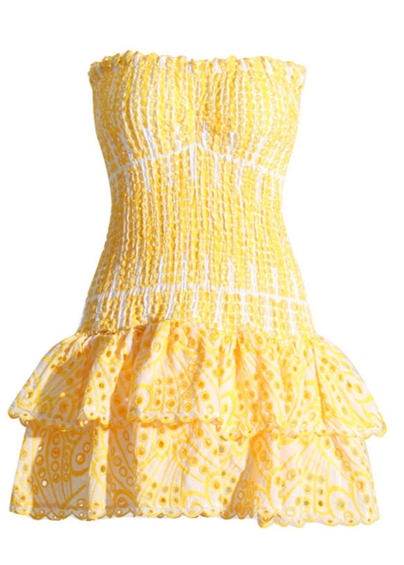 Zaria Strapless Ruffle Mini Dress – Smocked Yellow Eyelet