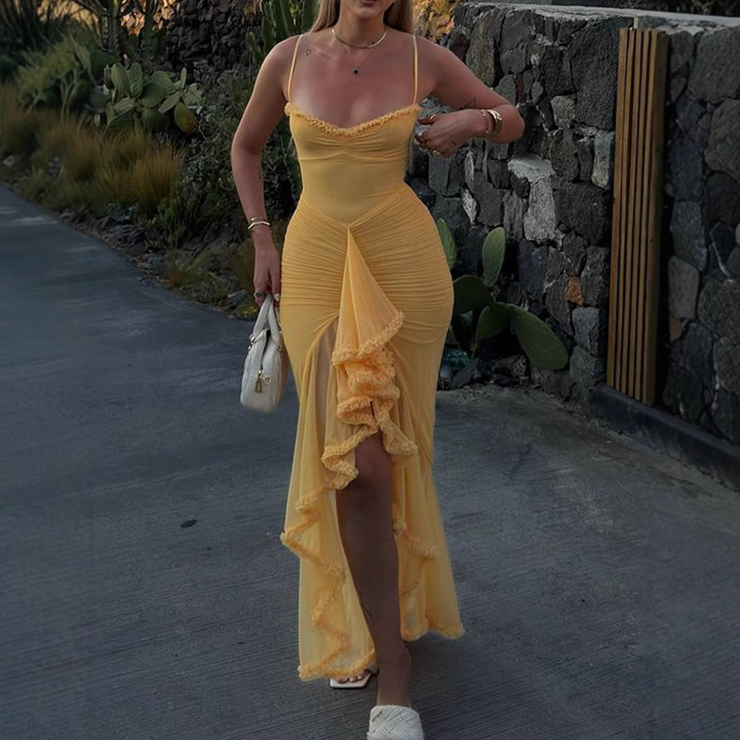 Early Autumn Women Wear High Grade Mesh Camisole Pleated Irregular Asymmetric Sleeveless Dress