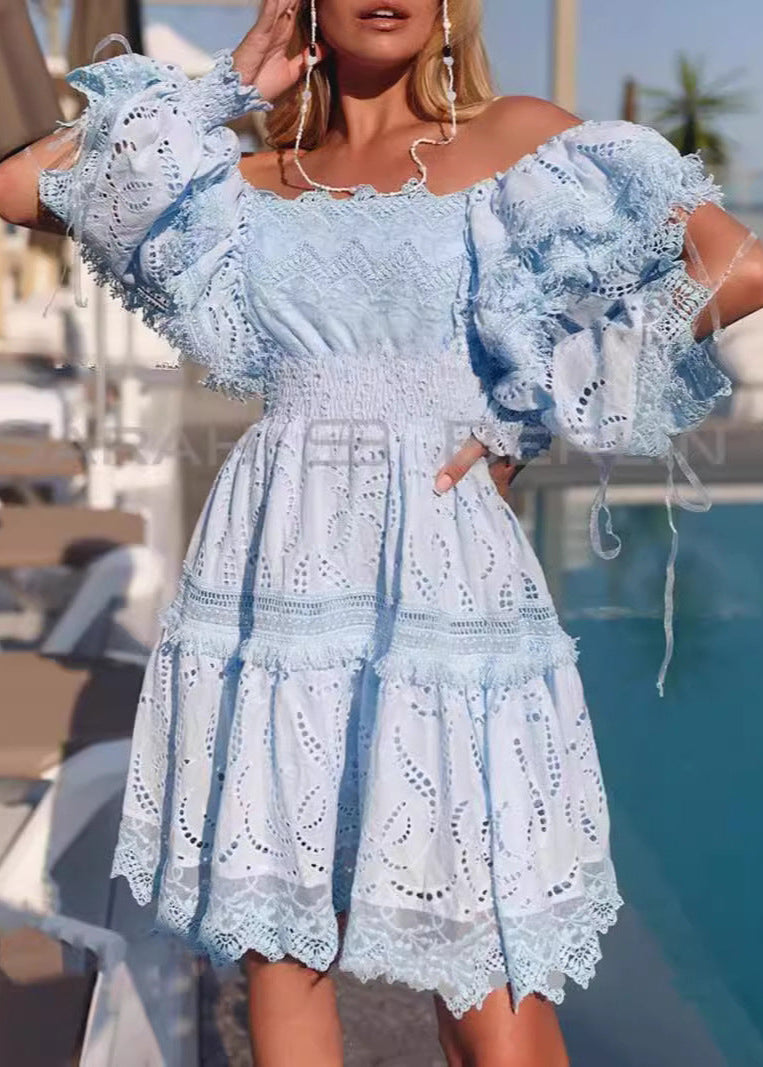 Seraphina Broderie Puff-Sleeve Dress – Blue Smocked A-Line Mini