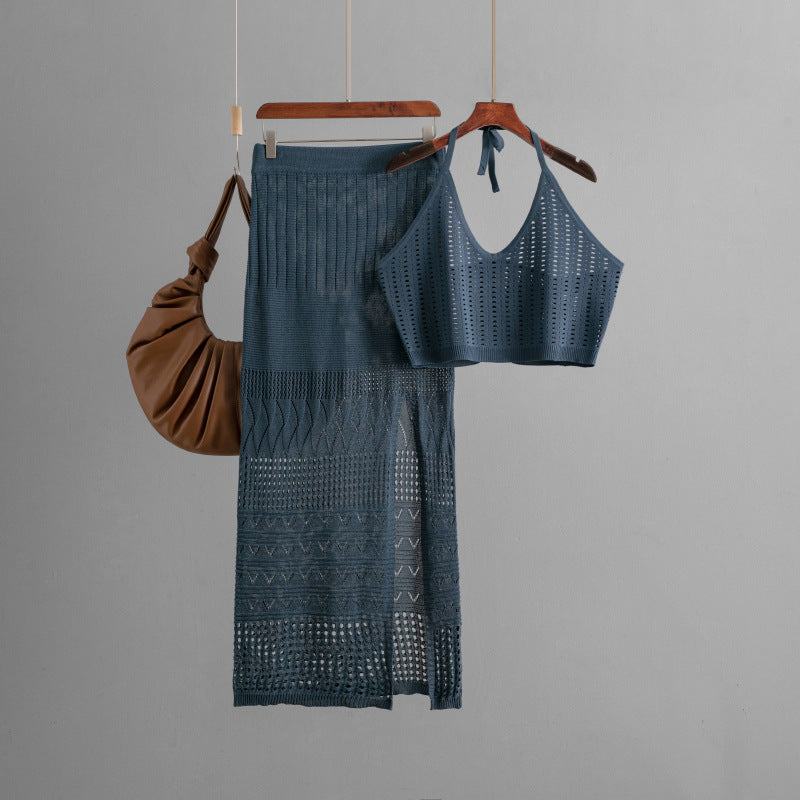 Women Clothes Short Summer Vest Top Two Piece High Waist Slimming Hollow Out Cutout Split Hip Skirt