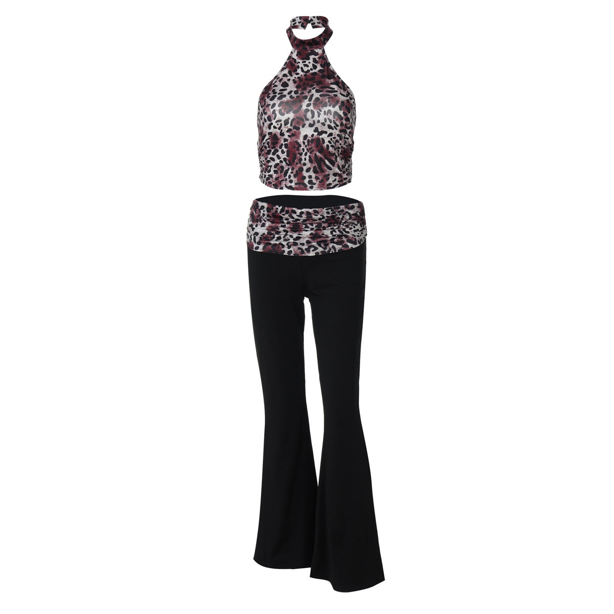 Conjunto de dos piezas formado por chaleco y pantalón acampanado, sin mangas, estampado de leopardo y verano para mujer