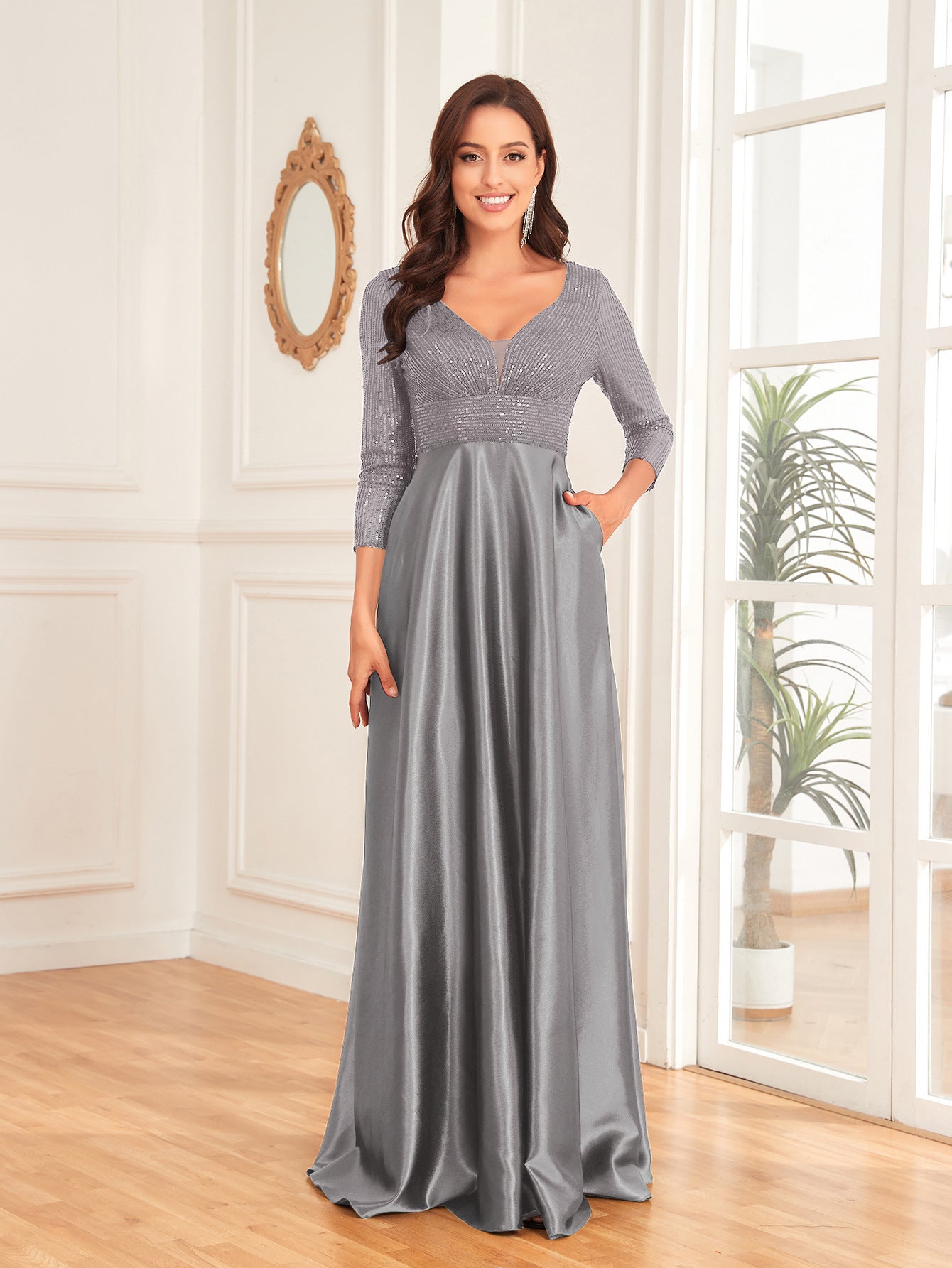 Vestido de satén con escote en V y mangas largas, color azul, con lentejuelas, corte en A, para dama de honor, cóctel y noche.