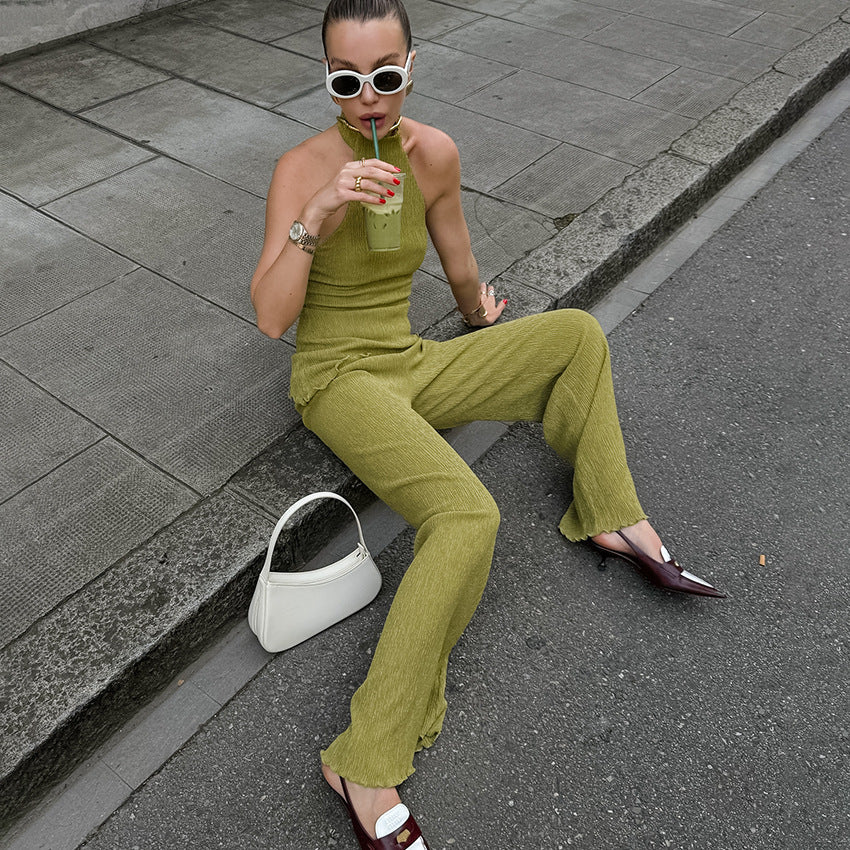 Conjunto de dos piezas formado por chaleco y pantalón ancho, para oficina, primavera y verano, color verde, sin mangas, para mujer