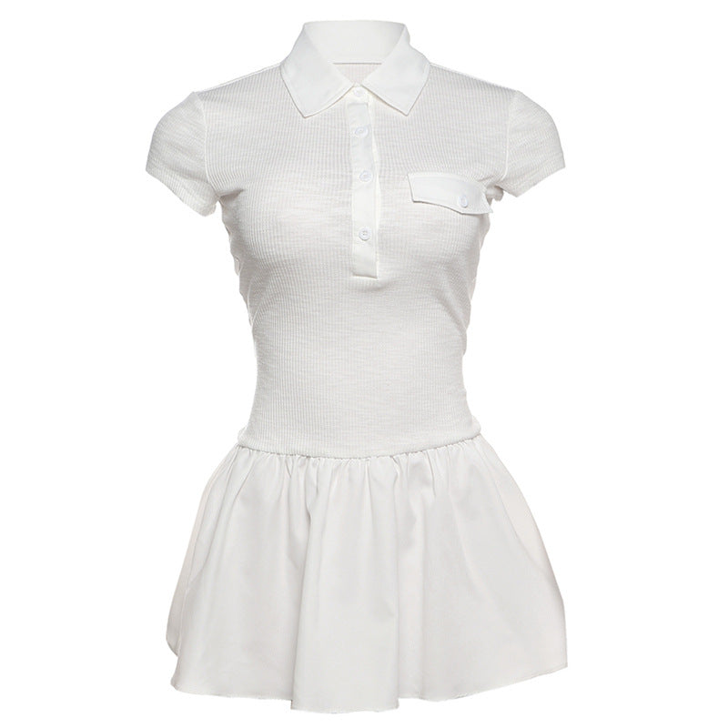 Vestido de primavera para mujer, con cuello, botones, ajustado, plisado, de manga corta y colores contrastantes.