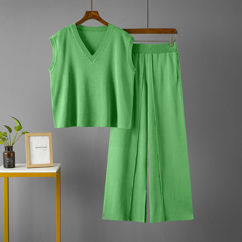 Traje de mujer con cuello en V, suelto, sin mangas, de punto, chaleco, top de cintura alta, suelto, adelgazante, informal, con abertura, pantalones de pierna ancha