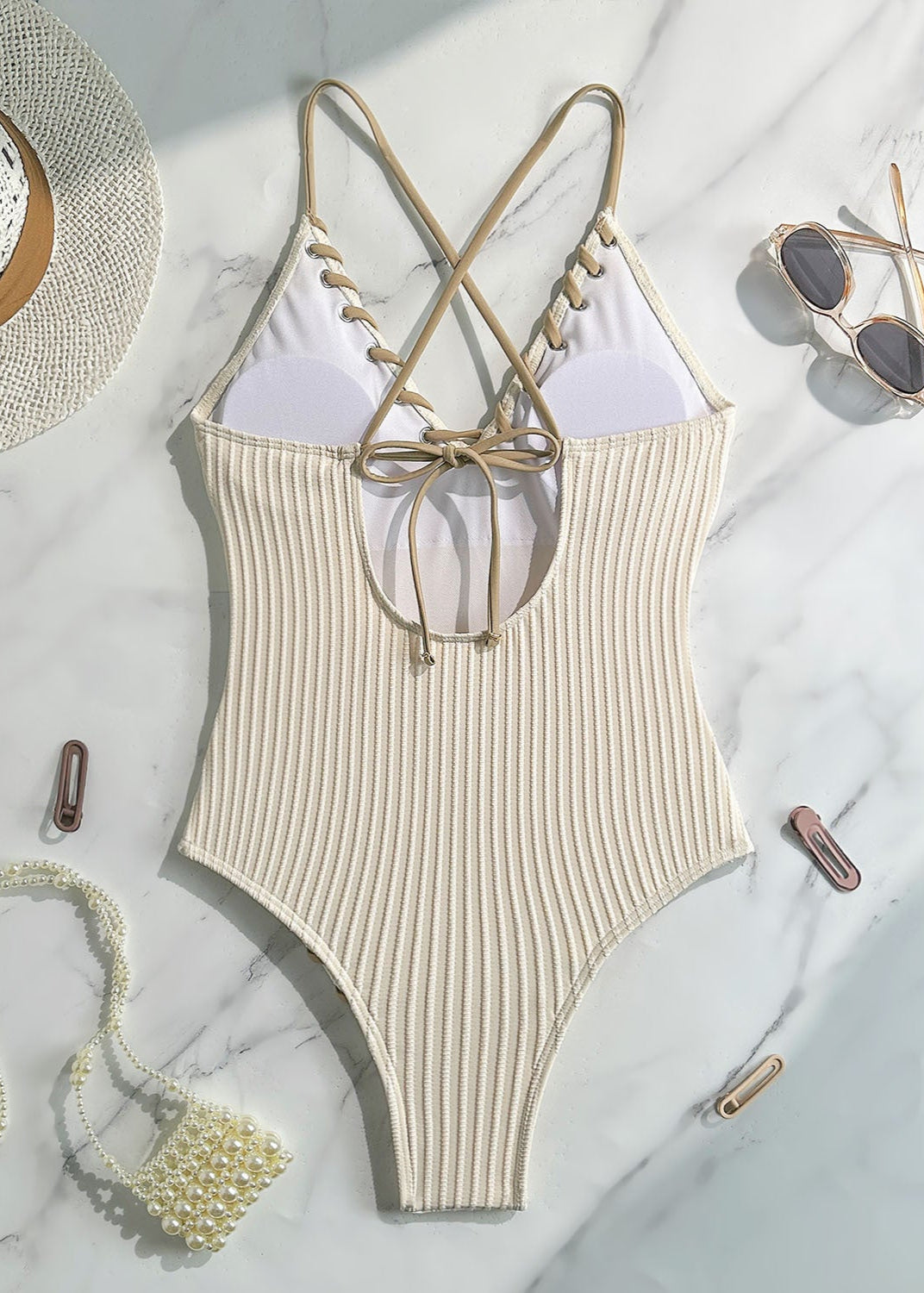Lena - Ribbed Lace-Up One Piece Swimsuit