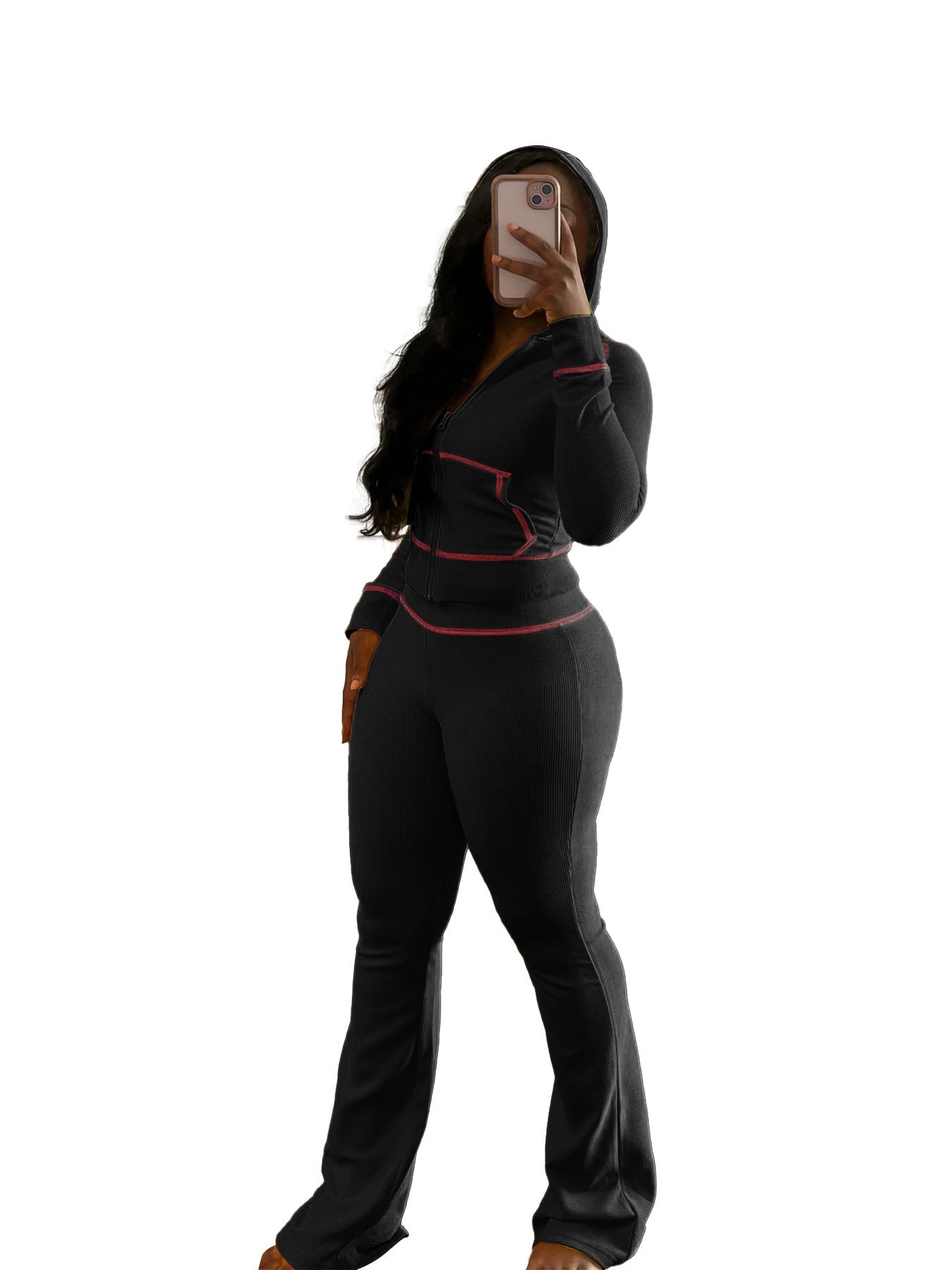 Traje informal con gorro y puños en los hombros para mujer, con textura de gofre y microcuerno