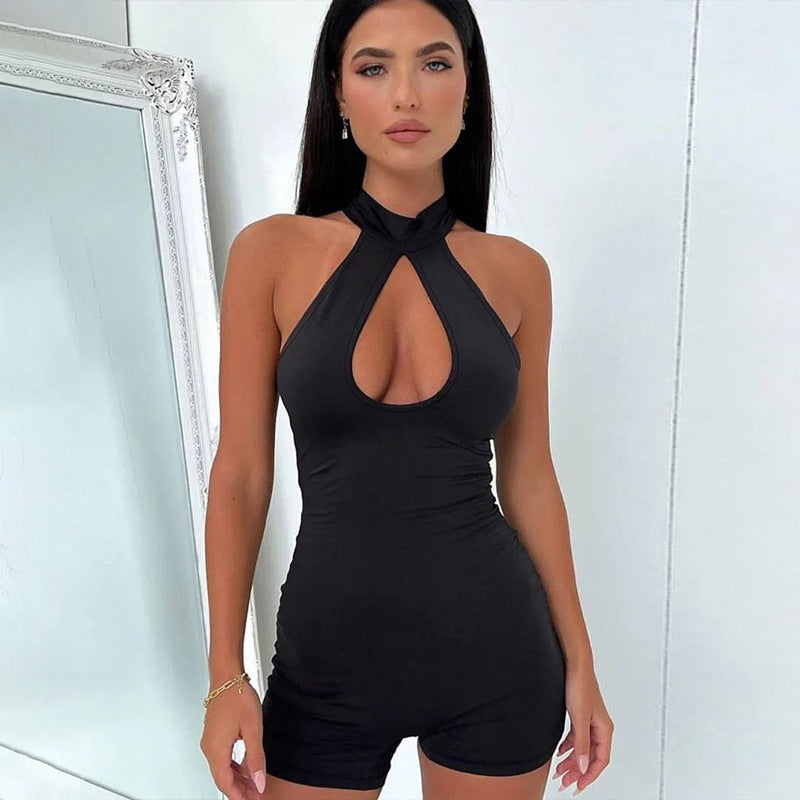 Mono sexy ajustado sin mangas con cuello redondo y corte entallado para mujer
