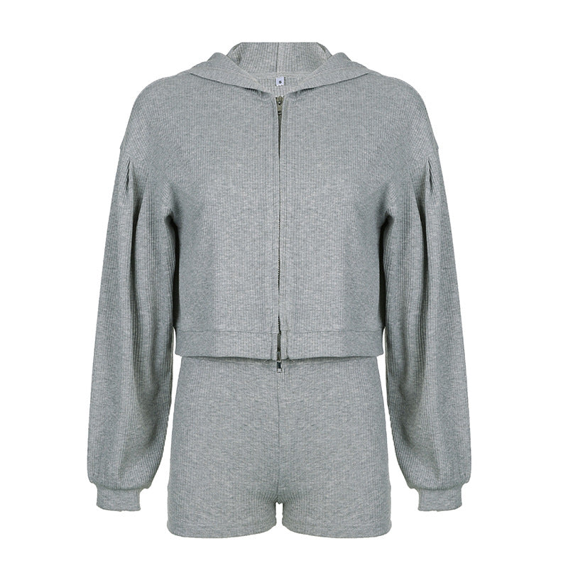 Conjunto deportivo básico de tres piezas con capucha, holgado, con cremallera, chaleco y pantalones cortos, informal, de color sólido