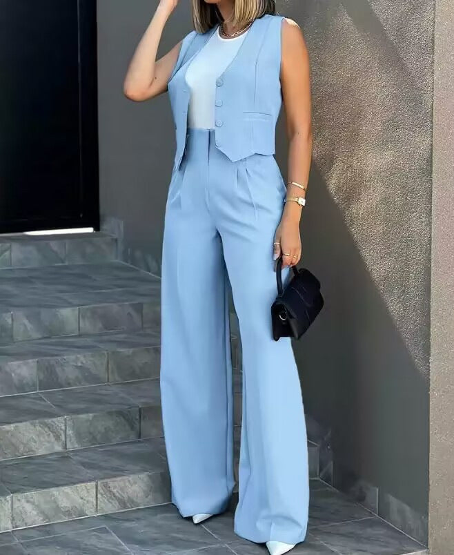Women Vest Jacket Wide Leg Pants Casual Set