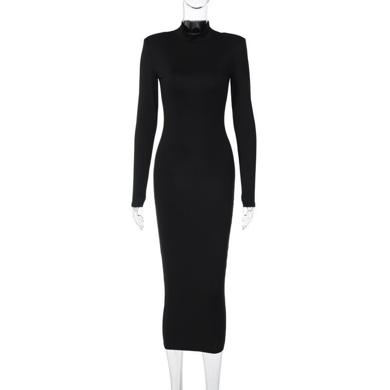 Vestido de otoño para mujer, color liso, ajustado, cuello alto y manga larga