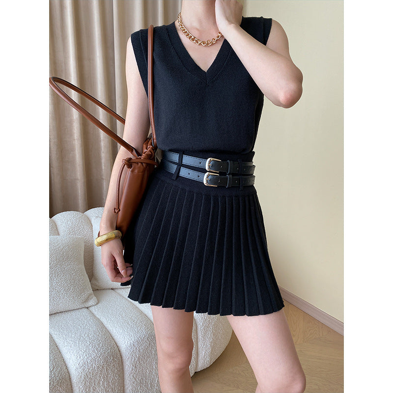 Traje de dos piezas con falda plisada y chaleco de punto de alta calidad de otoño a la moda