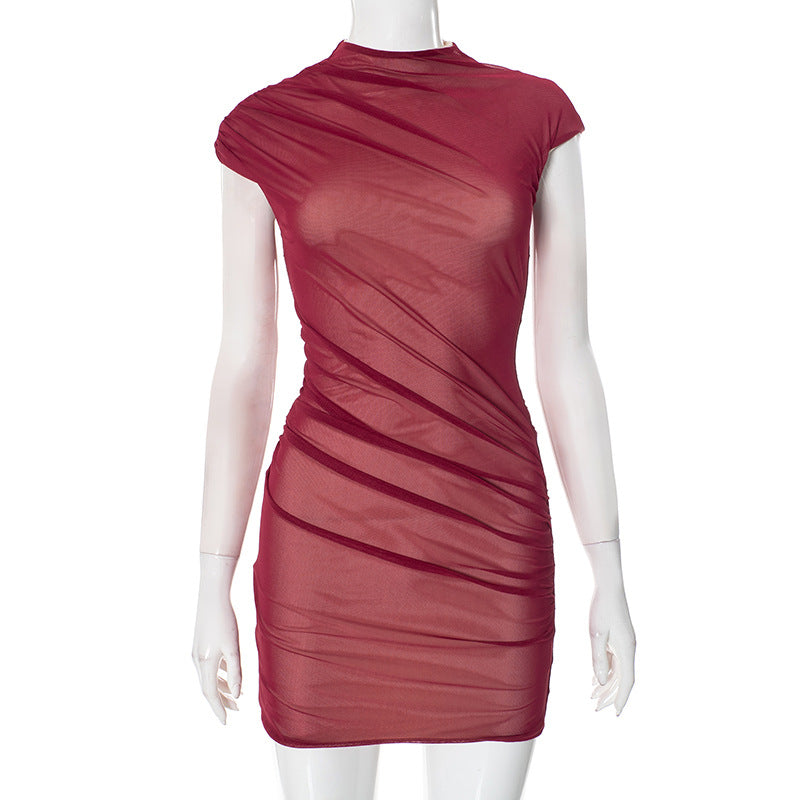 Spring Half Turtleneck Design Mesh Sleeveless Dress Women Clothing