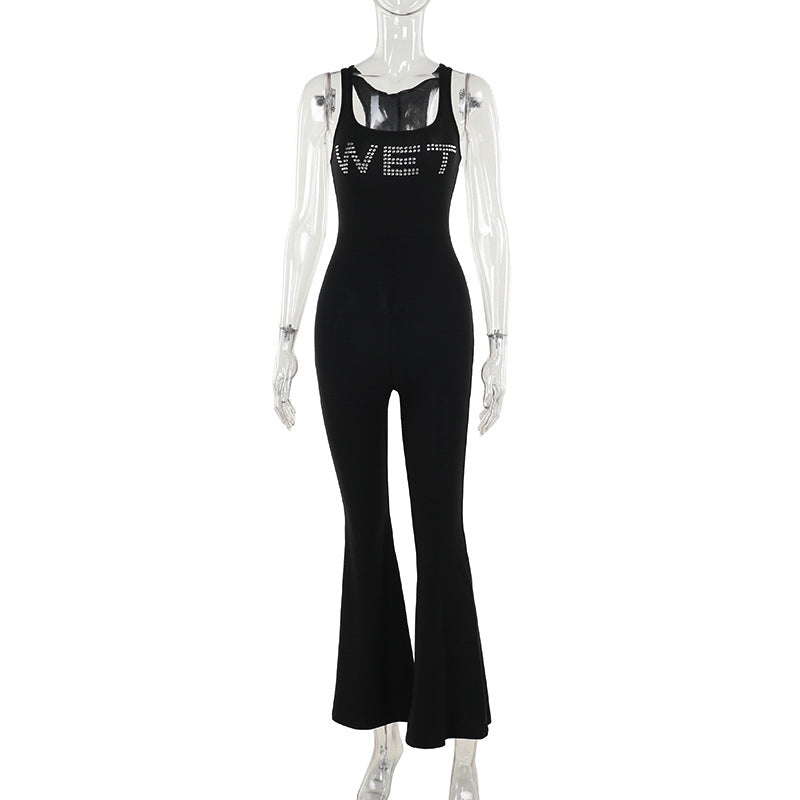 Summer Street Casual Slim Fit Letters Rhinestone Vest Type Jumpsuit Women
