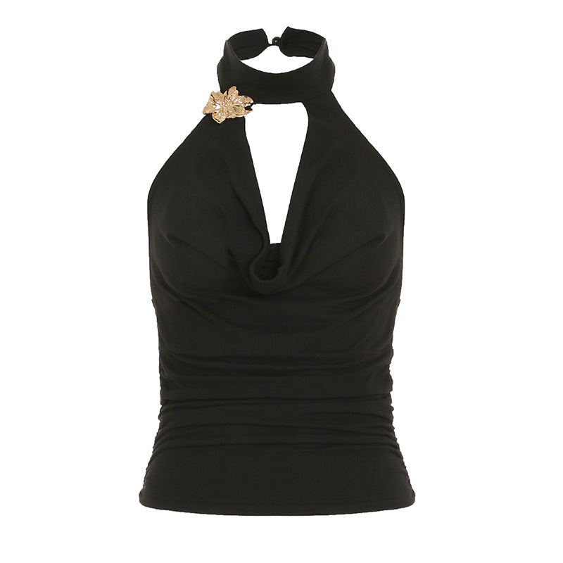 Conjunto de dos piezas de verano para mujer, con chaleco y falda dividida y estampado floral de metal y cuello halter.