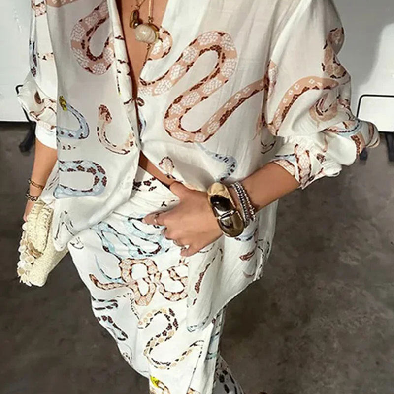 Ropa de verano para mujer, elegante vestido de manga larga con estampado de serpiente y aberturas, traje holgado.